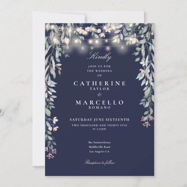 All In One Navy Blue String Lights Floral Wedding Invitation (Front)