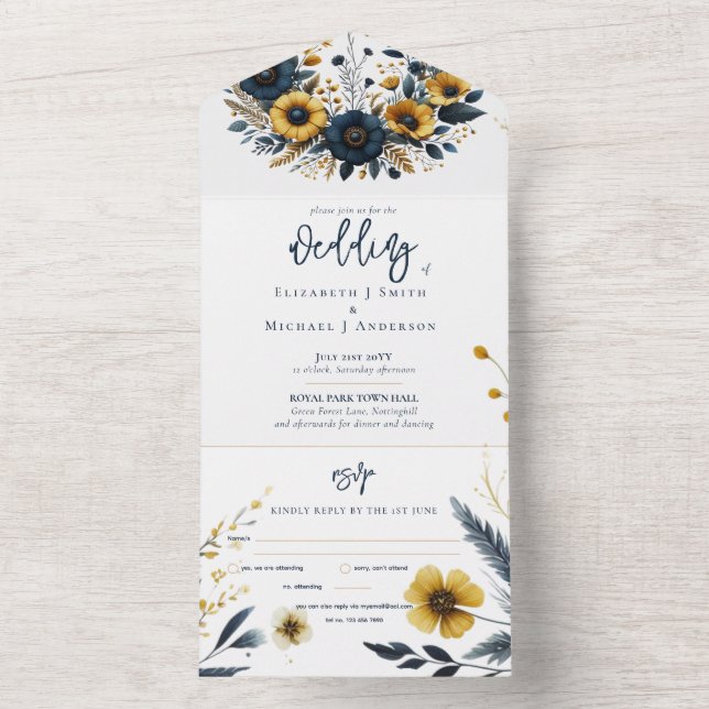 All in One Navy Yellow Gold Floral Wedding Rsvp Invitation (Inside)