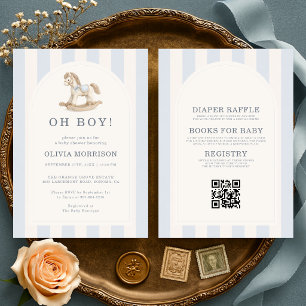 All in One Oh Boy Blue Rocking Horse Baby Shower Invitation