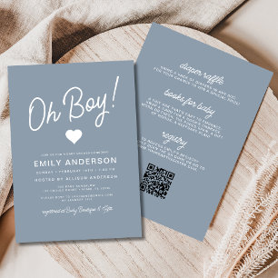 All in One Oh Boy Dusty Blue Baby Shower  Invitation