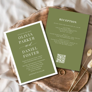 All in One Olive Green QR Code Minimalist Wedding Invitation