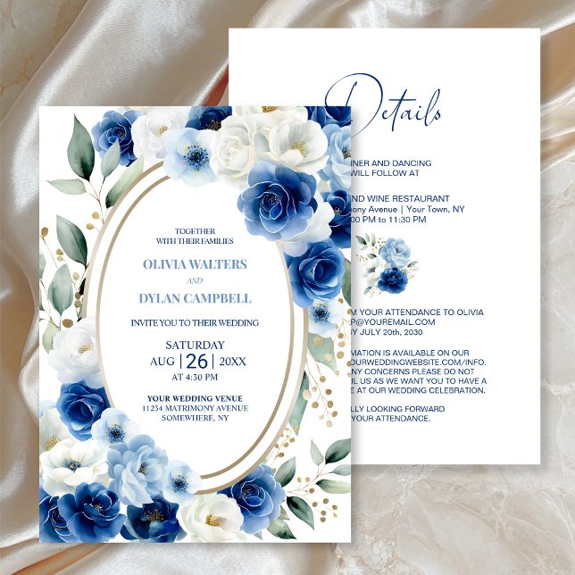 All in One Oval Blue Floral Wedding Invitation (Creator Uploaded)