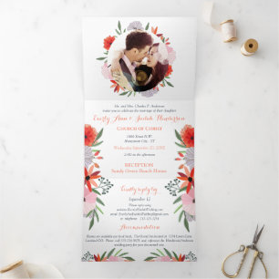 All In One Peachy Lavender Red Pink Floral Wedding Tri-Fold Invitation