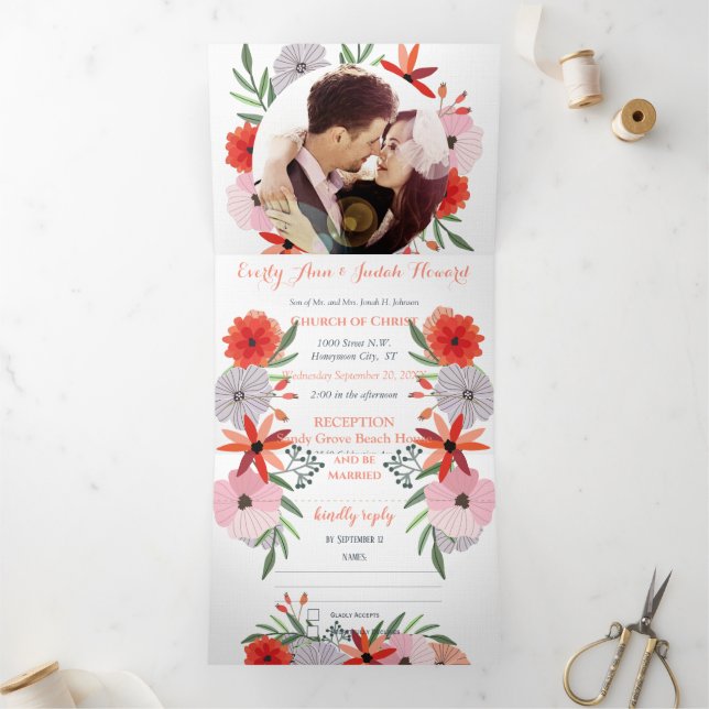 All In One Peachy Lavender Red Pink Floral Wedding Tri-Fold Invitation (Inside)