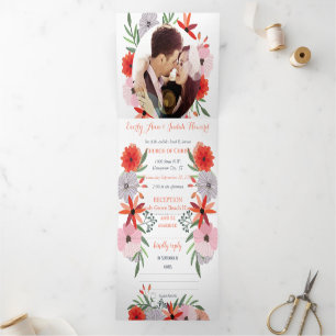 All In One Peachy Lavender Red Pink Floral Wedding Tri-Fold Invitation
