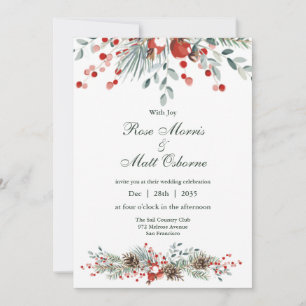All in one,pine branches and red berries.Christmas Invitation