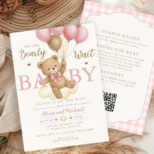 All in one pink bear balloon girl baby shower invitation