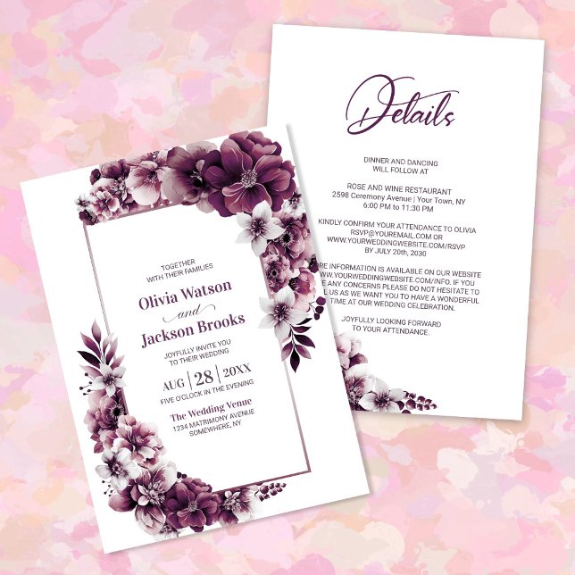 All In One Pink Plum Floral Wedding Invitation (Creator Uploaded)