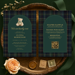 All in One Plaid Bearly Wait Green Baby Shower Invitation