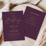 All in One Plum Purple Gold Wedding Script Invitation<br><div class="desc">Announce your big day with this all in one plum purple gold wedding script invitation. Featuring a rich plum purple background, elegant gold typography, and a modern all in one layout, this design is perfect for romantic evening weddings, fall or winter celebrations, and couples seeking a sophisticated stationery style. Customise...</div>