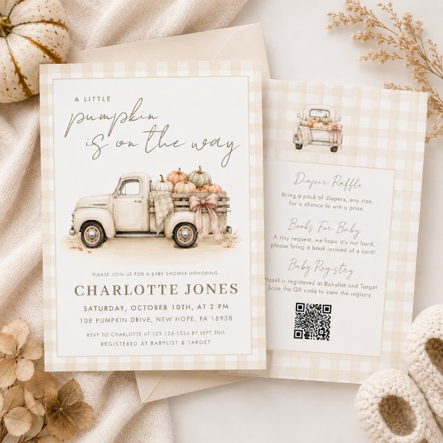 All In One Pumpkin Patch Gingham Fall Baby Shower Invitation (Creator Uploaded)