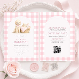 All in One Puppy Dog Gingham Pink Baby Shower Invitation