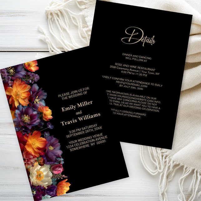 All in One Purple and Orange Floral Black Wedding Invitation (Creator Uploaded)