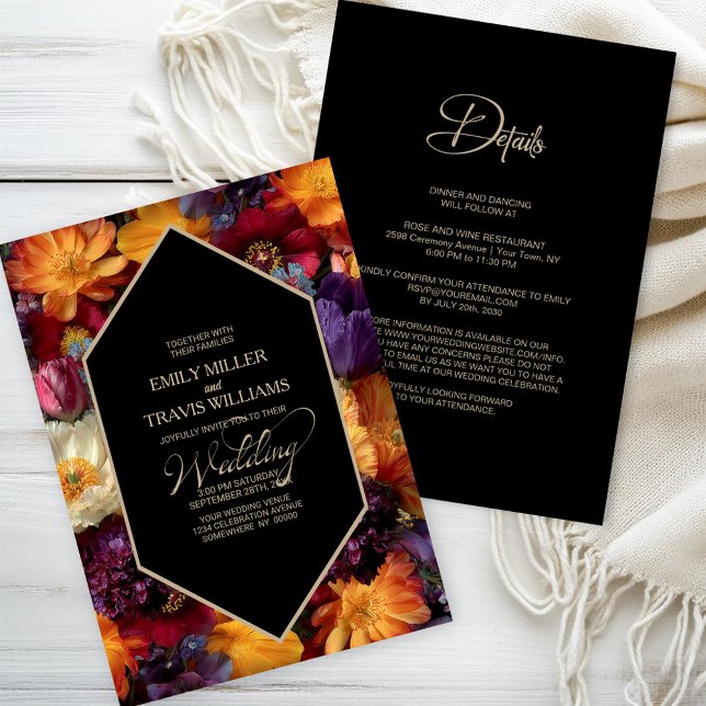 All in One Purple and Orange Floral Black Wedding Invitation (Creator Uploaded)