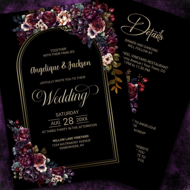 All In One Purple Burgundy Floral Arch Wedding Invitation (Creator Uploaded)
