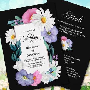 All In One Purple Pink Floral on Black Wedding Invitation