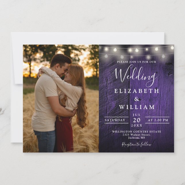 All In One Purple Wood String Lights Wedding Photo Invitation (Front)