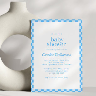 All in One QR Code Blue Check Retro Baby Shower Invitation