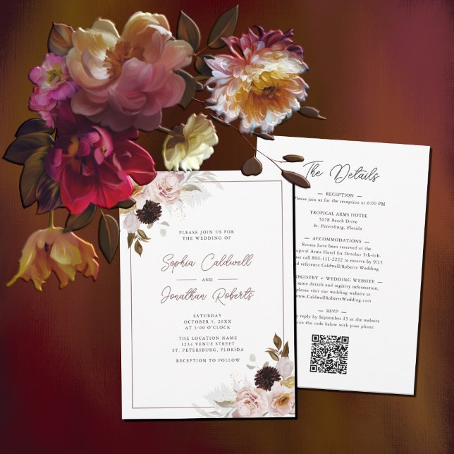 All in One QR Code Blush Pink Roses Wedding Invitation (Creator Uploaded)