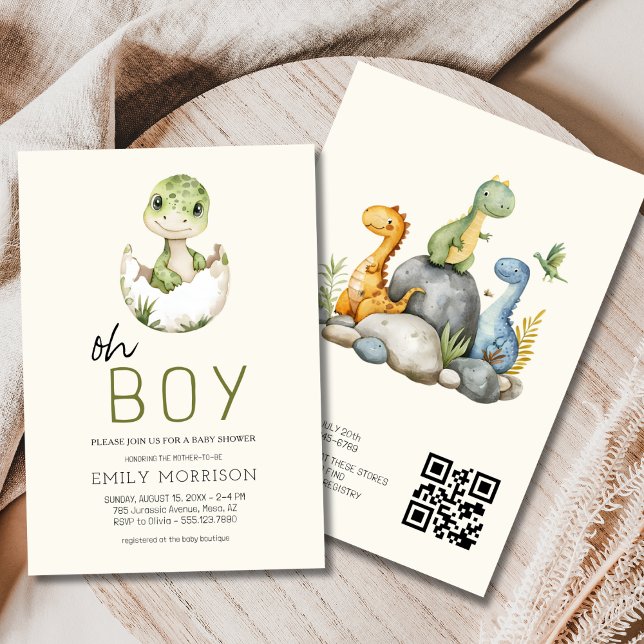 All in One QR Code Dinosaur Baby Boy Shower Invitation (Creator Uploaded)