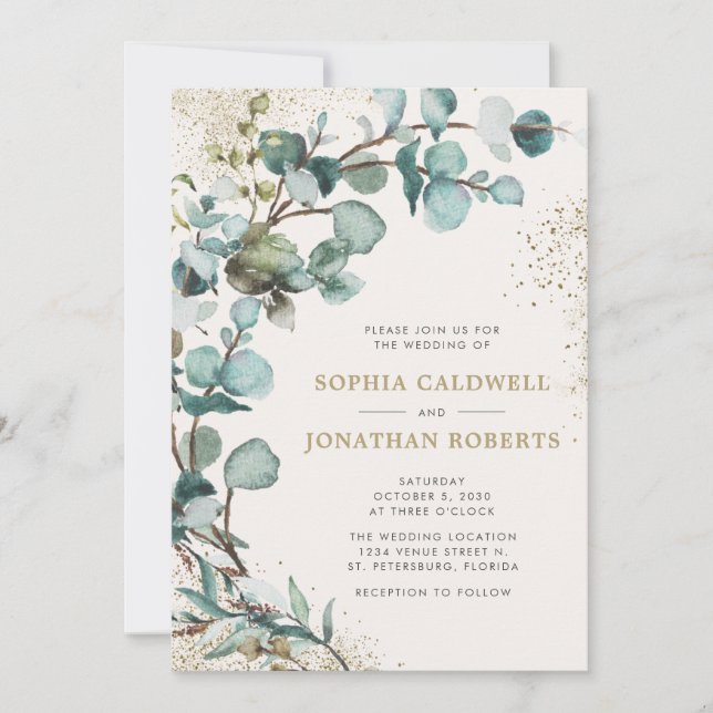 All in One QR Code Eucalyptus Gold Glitter Wedding Invitation (Front)