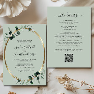 All in One QR Code Eucalyptus Gold Sage Wedding Invitation