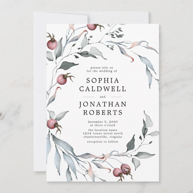 All in One QR Code Winter Berries Greenery Wedding Invitation (Front)