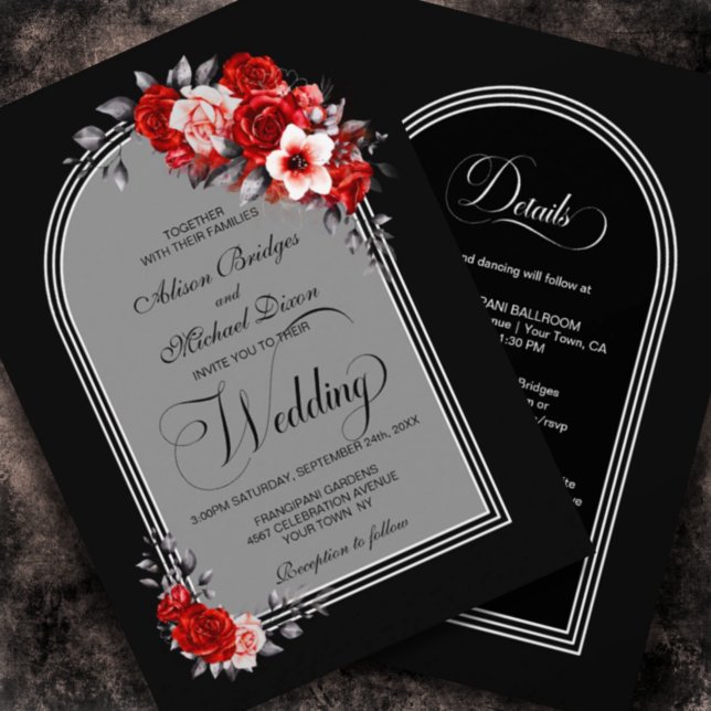 All In One Red Floral Arch Black Silver Wedding Invitation (Creator Uploaded)