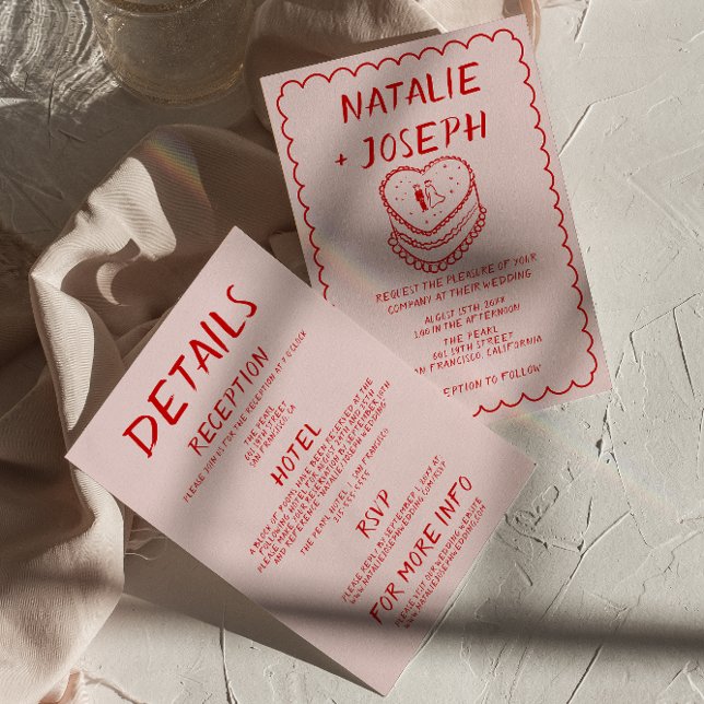  All In One Red Pink Hand Drawn Cake Frame Wedding Invitation (Creator Uploaded)