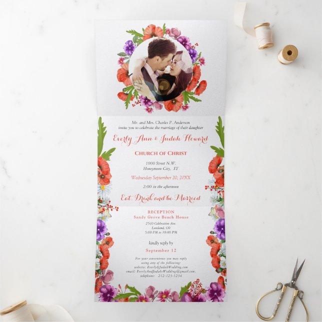 All In One Red Poppy Purple Pink Floral Wedding Tri-Fold Invitation (Inside)