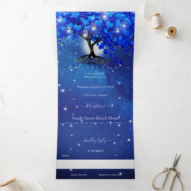 All In One Royal Blue Heart Leaf Wedding Tri-Fold Invitation (Inside)