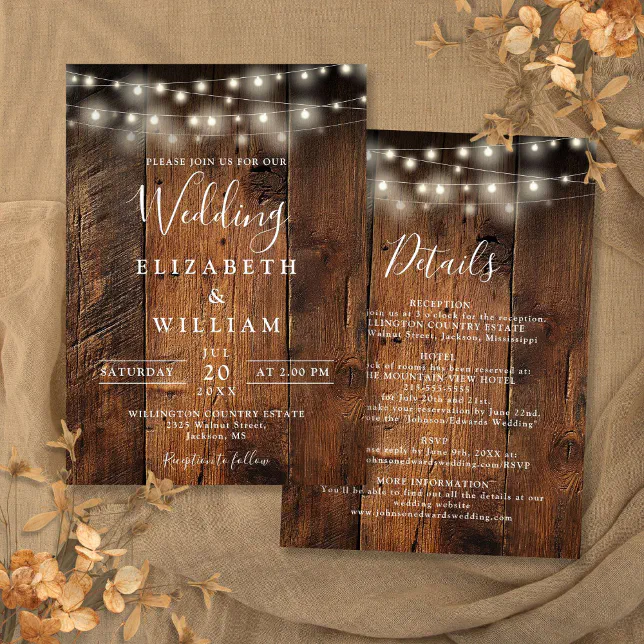 All In One Rustic Barn Wood String Lights Wedding Invitation | Zazzle
