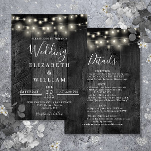 All In One Rustic Black Wood String Lights Wedding Invitation