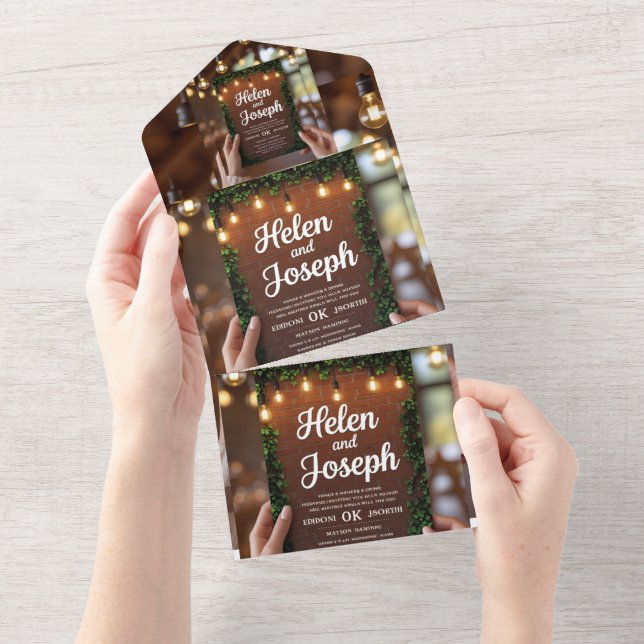 All in One Rustic Brick Wall & Greenery Wedding In Invitation (Tearaway)