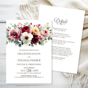 All in One Rustic Burgundy Floral Wedding Invitation