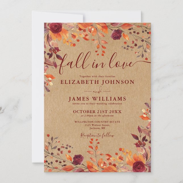 All In One Rustic Fall In Love Floral Wedding Invitation (Front)