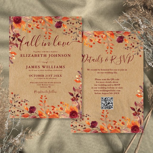 All In One Rustic Fall In Love QR Code Wedding Invitation (All In One Rustic Fall In Love QR Code Wedding Invitation)