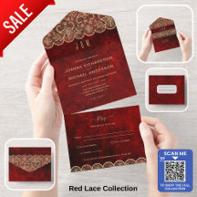 All In One Rustic Red Gold Lace Wedding with RSVP