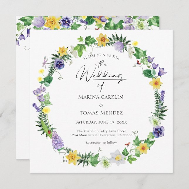 All in One | Rustic Watercolor Wildflower Wedding Invitation (Front/Back)