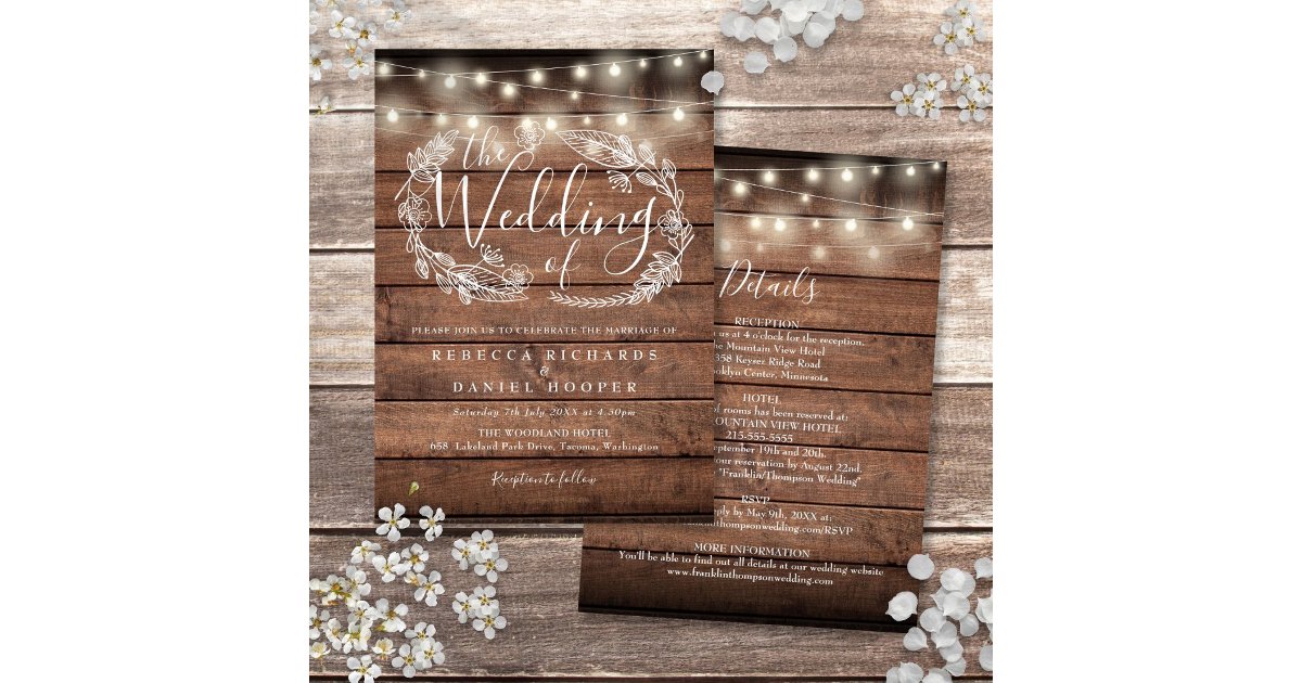 All In One Rustic Wood String Lights Wedding Invitation | Zazzle