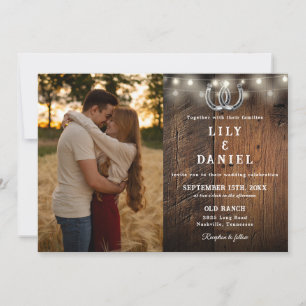 All In One Rustic Wood String Lights Wedding Photo Invitation