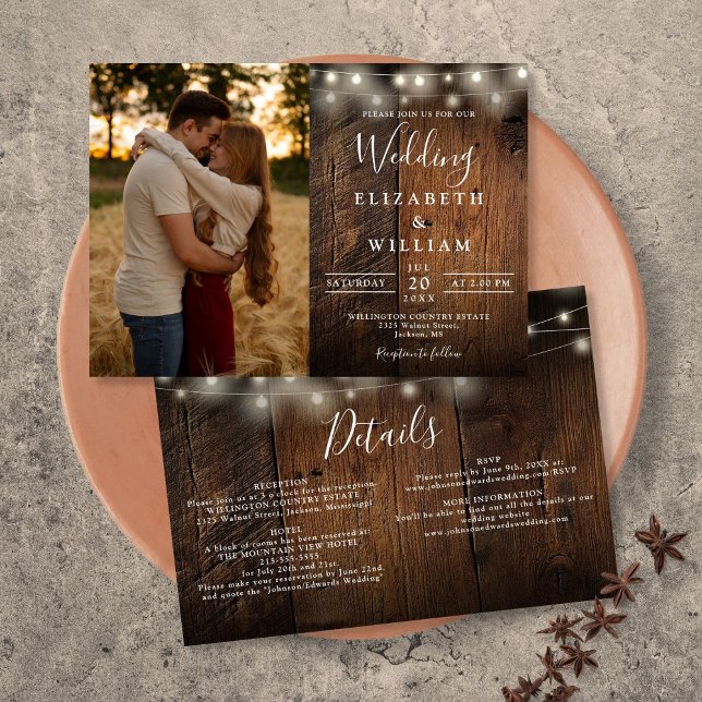 All In One Rustic Wood String Lights Wedding Photo Invitation (All In One Rustic Wood String Lights Wedding Photo Invitation)