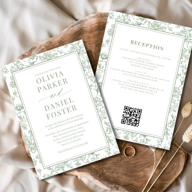 All in One Sage Green French Floral Toile Invitation (Creator Uploaded)