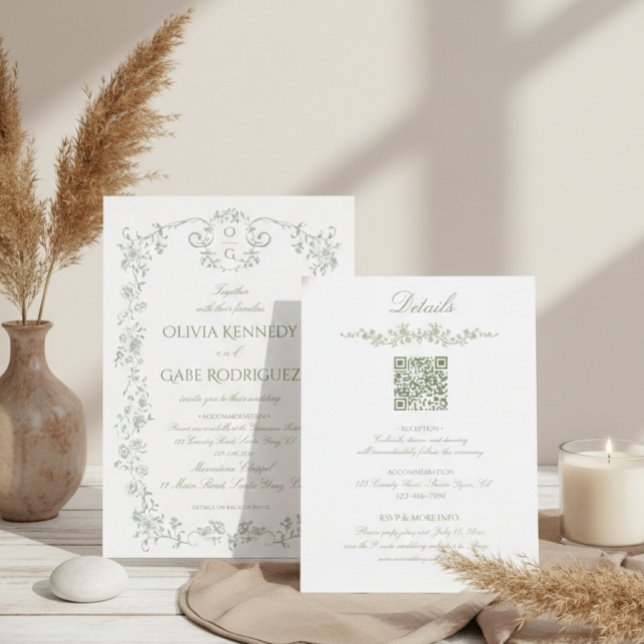 All in One Sage Green French Floral w QR Wedding Invitation (Creator Uploaded)