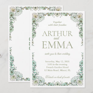 All in One Sage Green French Floral Wedding Invita Invitation