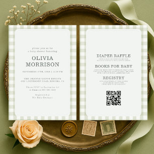 All in One Sage Green Gingham Baby Shower Invitation