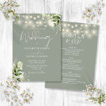 All In One Sage Green String Lights Floral Wedding Invitation<br><div class="desc">This elegant sage green wedding invitation,  featuring pretty string lights and floral greenery,  can be personalised with your information in chic typography. With all your special wedding day information on the reverse,  including your RSVP,  accommodation,  and additional details. Designed by Thisisnotme©</div>