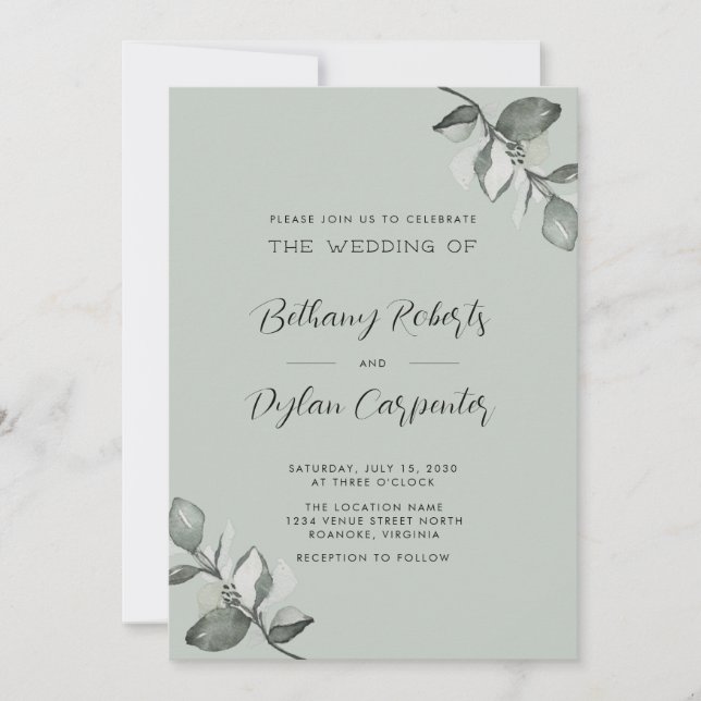 All in One Sage Watercolor Eucalyptus Wedding Invitation (Front)