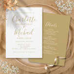 All In One Simple Elegant Gold Script Wedding Invitation<br><div class="desc">Featuring signature style names,  this elegant gold and white wedding invitation can be personalised with all your special wedding day information on the reverse including your RSVP,  accommodation,  and additional details. Designed by Thisisnotme©</div>