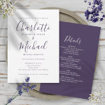 All In One Simple Elegant Purple Script Wedding Invitation<br><div class="desc">Featuring signature style names,  this elegant purple and white wedding invitation can be personalised with all your special wedding day information on the reverse including your RSVP,  accommodation,  and additional details. Designed by Thisisnotme©</div>